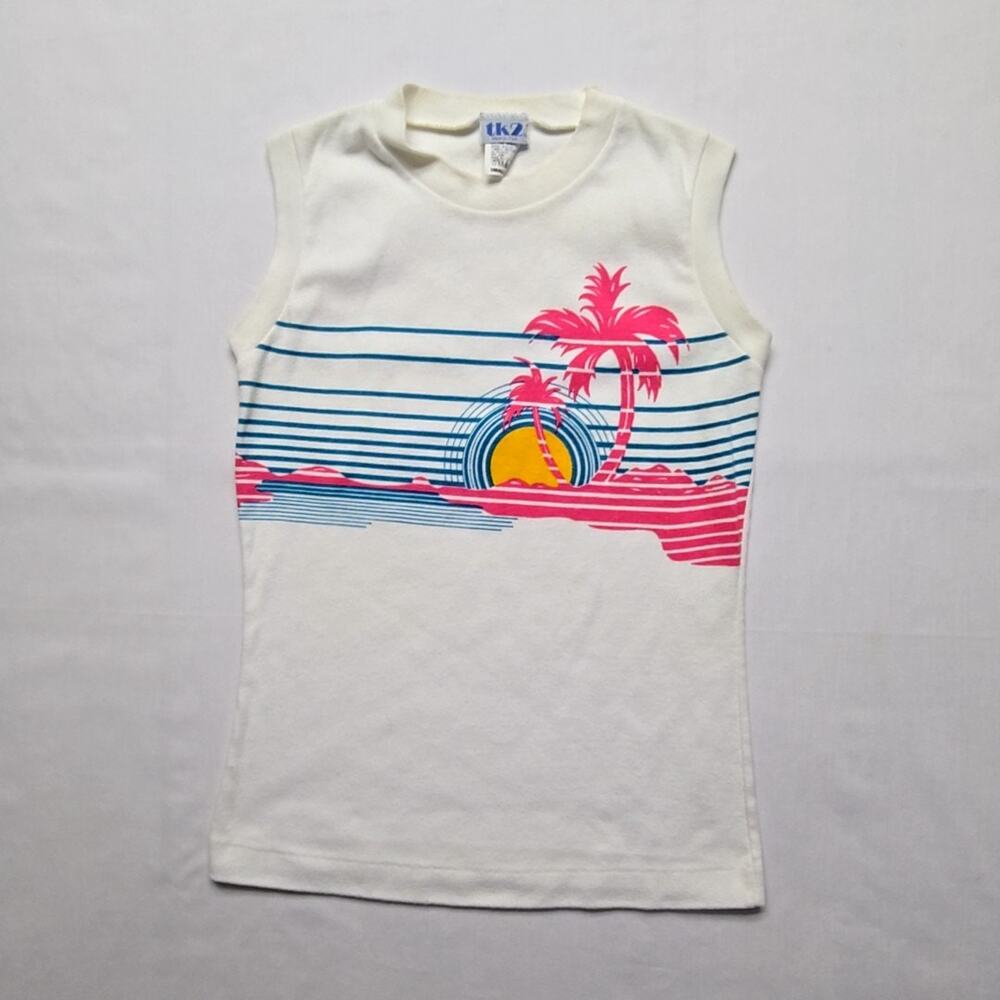 Women’s Sleeveless Tank Top with Tropical Sunset Print - White